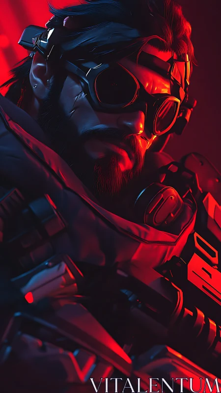 Armored bearded figure in red and blue cinematic lighting