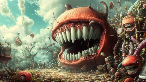 Large toothed organism dominates dense surreal landscape scene