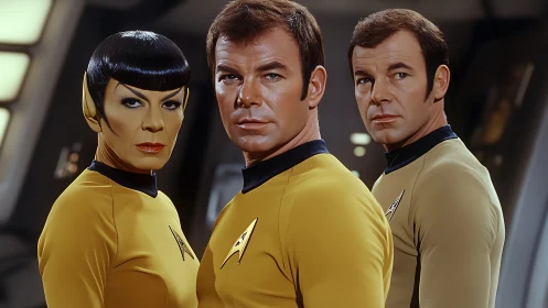 Three uniformed crew members stand in a starship interior