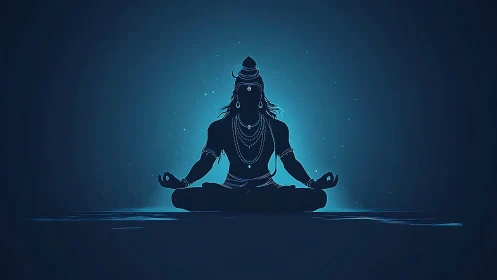 Silhouetted meditating deity centered in blue glow background.