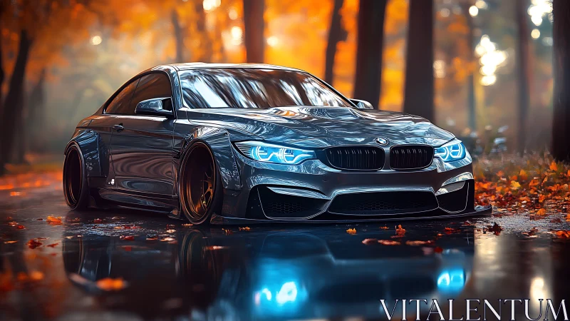 Lowered silver coupe slicing through glowing autumn streets.