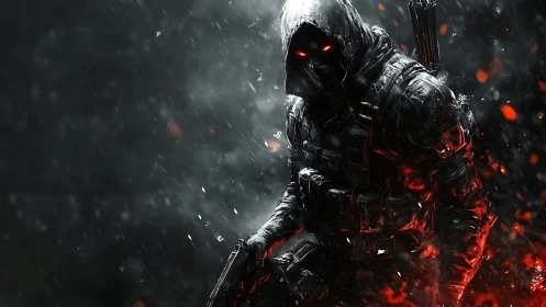 Hooded night warrior glowing with ember bright resolve.
