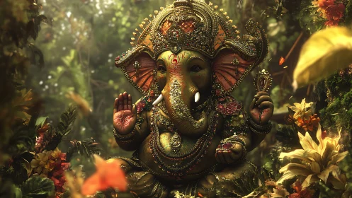 Ornate Ganesha statue seated in dense tropical foliage.