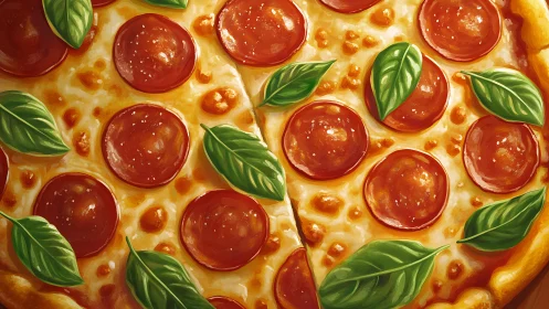 Golden pepperoni pizza glows with fresh basil leaves
