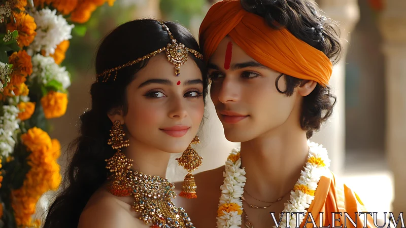 Young Indian couple in traditional orange festival attire.