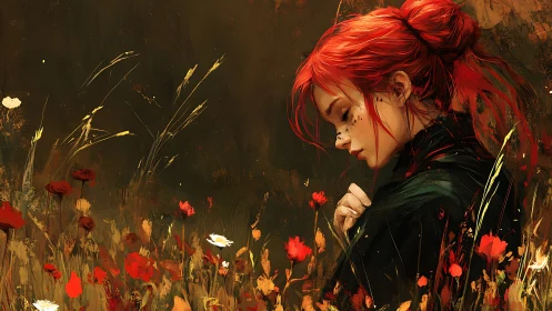 Melancholic red‑haired woman rendered in expressive floral brushwork