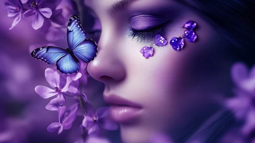 Digital portrait shows face with blue butterfly and purple petals