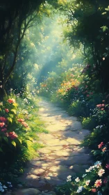 Sunlit stone garden path recedes through dense floral undergrowth