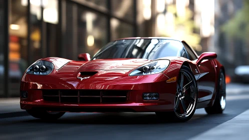 Low-angle render isolates red sports coupe in urban street