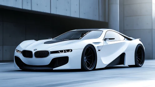 Aerodynamic white sports coupe with widebody kit and low stance