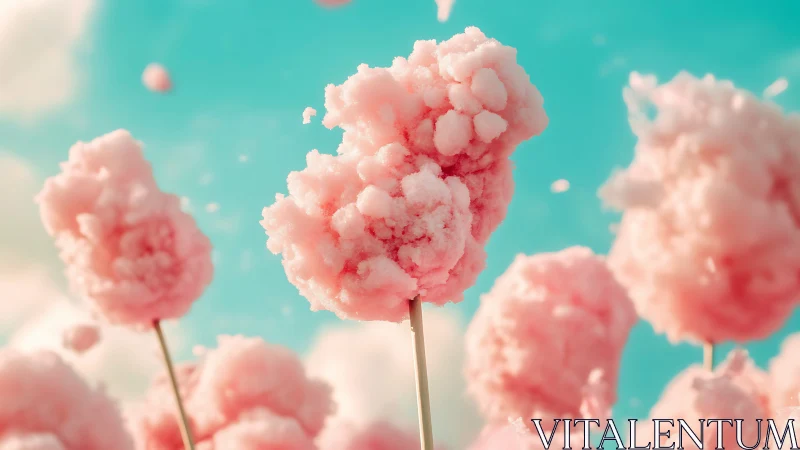 Sky-bright cotton candy clouds drift on sugar-dusted sticks.