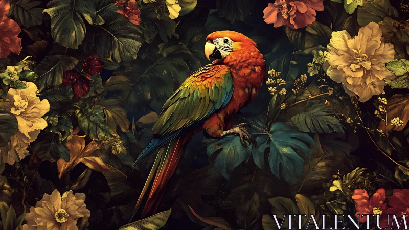 Scarlet macaw rests amid lush tropical flowers and leaves.