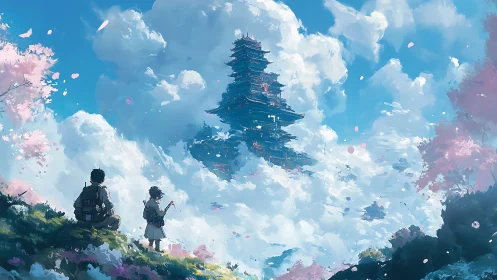 Skybound pagoda drifts above cherry clouds and young dreamers.