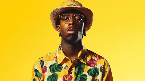 Sunlit cool hunter in tropical shirt and straw hat swagger.