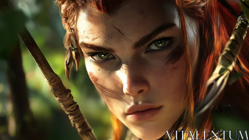 Fierce forest archer with bright eyes and ember-red hair.