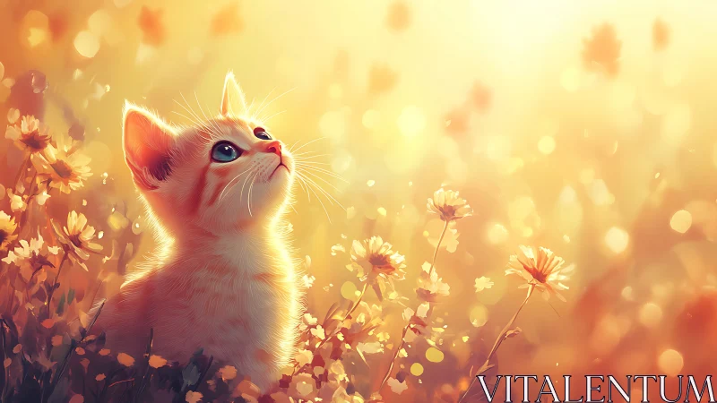Sunlit kitten gazes up softly in a dreamy golden meadow