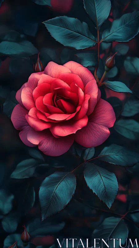 Red Rose with Teal Foliage Against Dark Background.