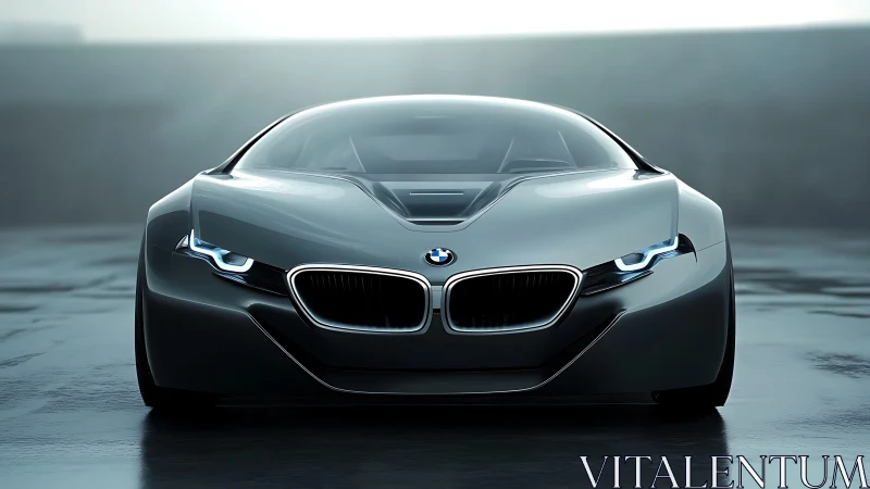 Front view of modern BMW concept sports coupe on wet surface.