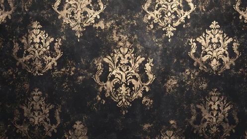 Distressed black wallpaper with repeating gold damask pattern.