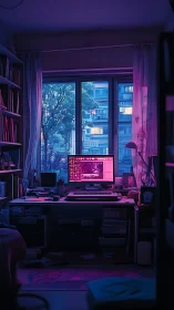 Home workstation with city window and magenta desk lighting.