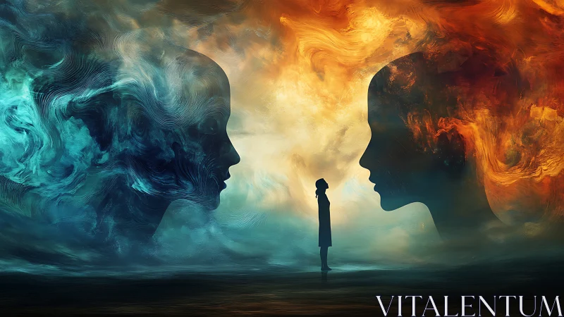 Dual ethereal faces framing solitary figure in swirling mists.