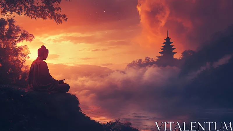 Meditating Buddha above misty river at blazing sunset.