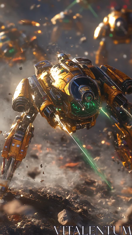 Combat mech charges through fiery battlefield under fire