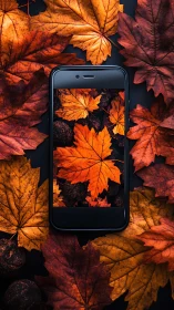 Autumn maple leaves framing smartphone screen symmetry.