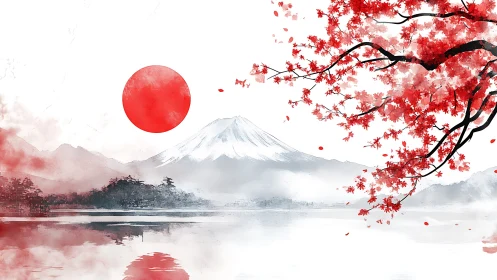 Red sun over Mount Fuji with cherry blossoms reflected.