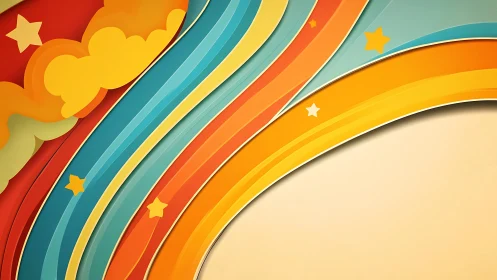 Retro curved rainbow stripes arc across warm starry sky