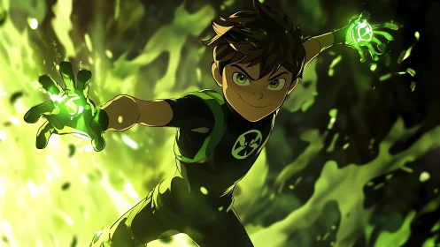 Energetic green-illuminated teen hero with reactive gauntlets.