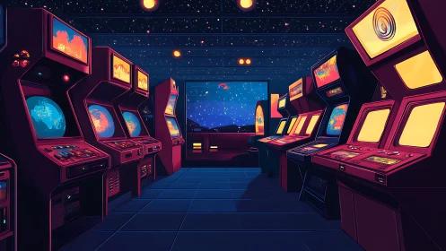 Retro arcade corridor glows under a neon star-filled sky
