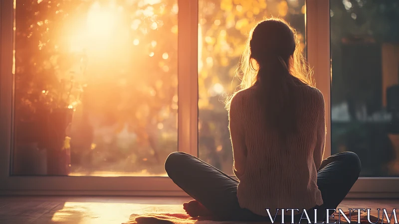 Woman Meditating by Window at Sunrise in Warm Tranquil Light.
