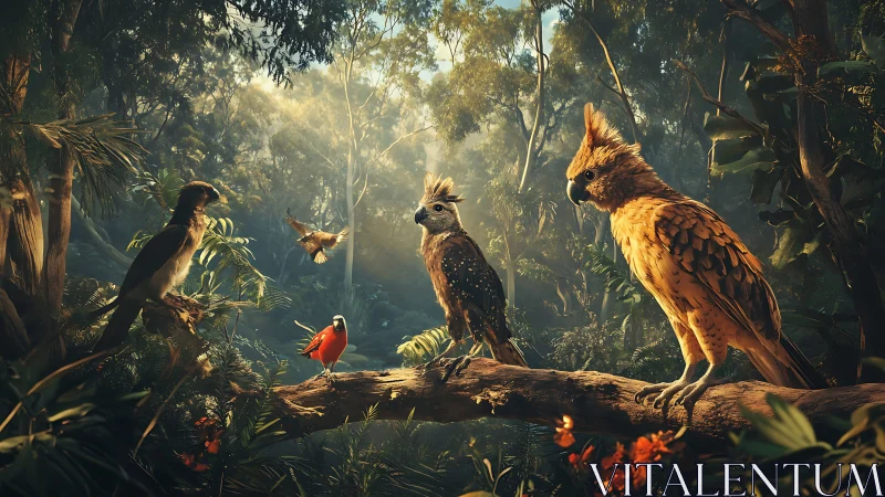 Sunlit rainforest birds gather on a mossy branch in harmony