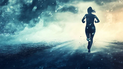 Silhouetted runner sprints through stormy abstract light.