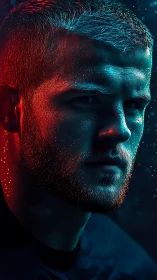 Neon-lit male portrait with intense cinematic profile lighting.