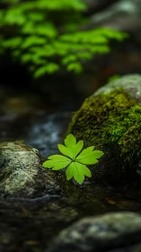 Green leaf resting on wet stream rocks in shaded forest.