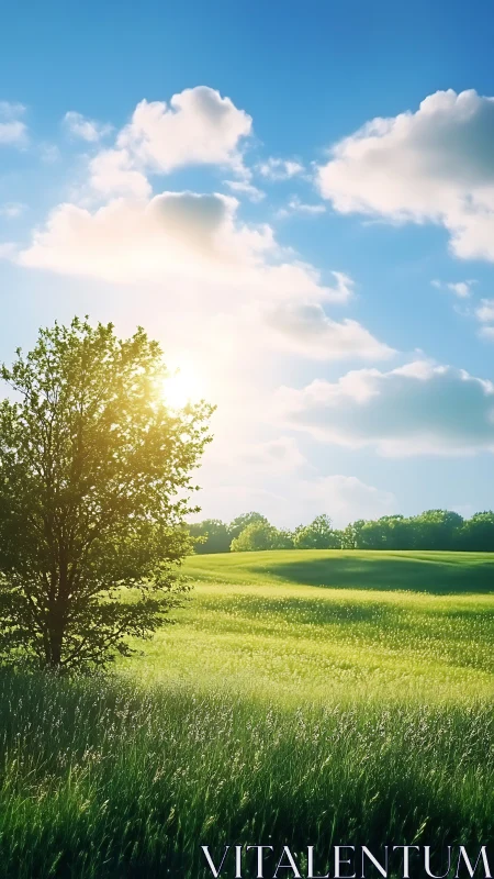 Sunlit tree on green meadow under calm blue sky.
