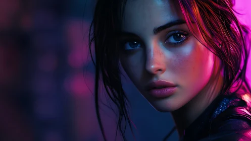 Neon-lit portrait intensifies gaze with cinematic contrast.