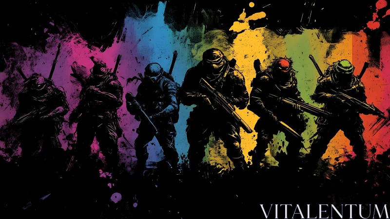 Tactical squad silhouettes layered over multicolor grunge spectrum