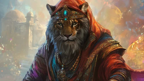 A Noble Lion Leader Adorned in Regal Fantasy Garments