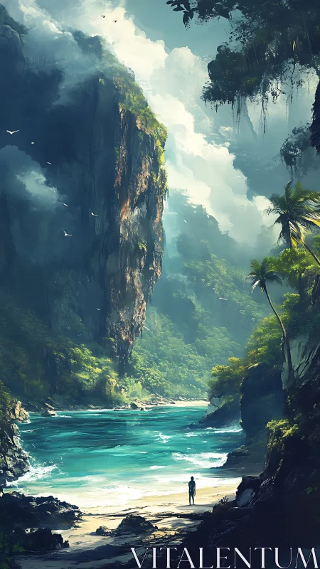 Coastal canyon formation with tropical vegetation and figure.