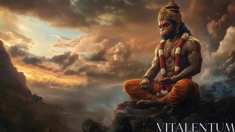 Peaceful monkey sage resting under a glowing evening sky.