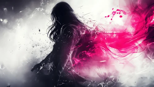 Silhouetted sorceress unleashes vivid magenta energy storm.