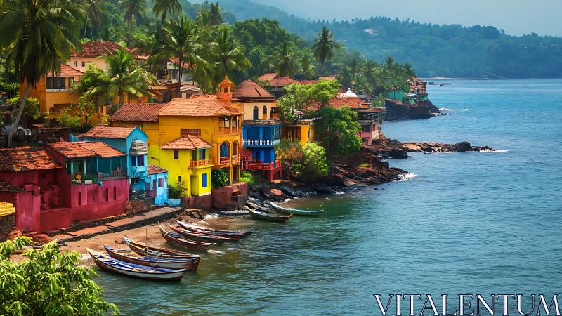 Colorful seaside village glows beside calm tropical waters