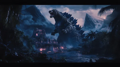 Giant reptilian creature amid ruined fortress and jungle.