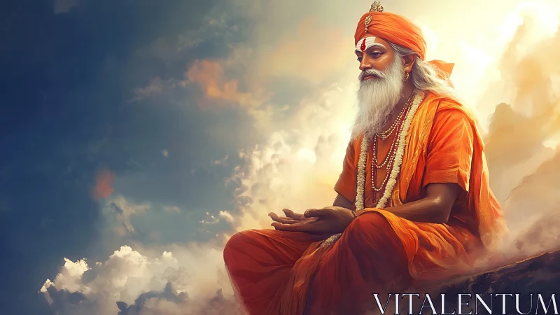 Meditating sage in saffron robes above radiant clouds
