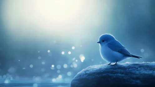 Gentle Bluebird on Frosty Rock in Dreamy Soft-Focus Light.