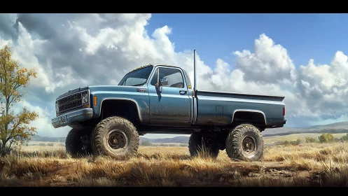 Lifted vintage pickup dominating bright rural plains scene.