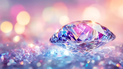 Faceted gemstone on glittering surface with bokeh lights.